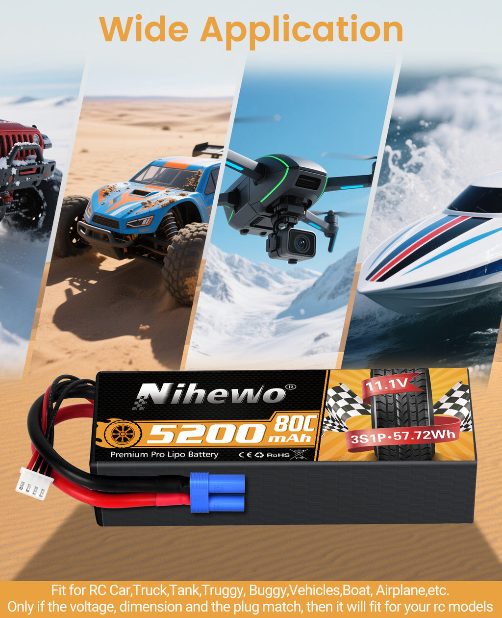 3S Lipo Battery 5200mAh 2 Packs 11.1V RC Battery 80C Hard Case for 1/8 1/10 Scale RC Car Truck Vehicle Tank Boat Helicopter Airplane Hobby Models