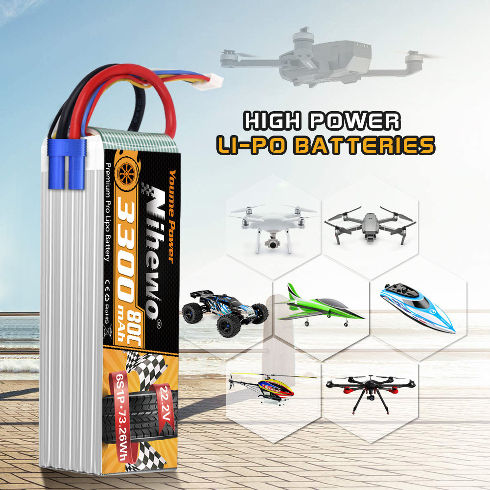 6S Lipo Battery 22.2V 3300mAh RC Battery for RC Airplane Helicopter Quadcopter Drone Car Truck Boat Model (2 Packs)