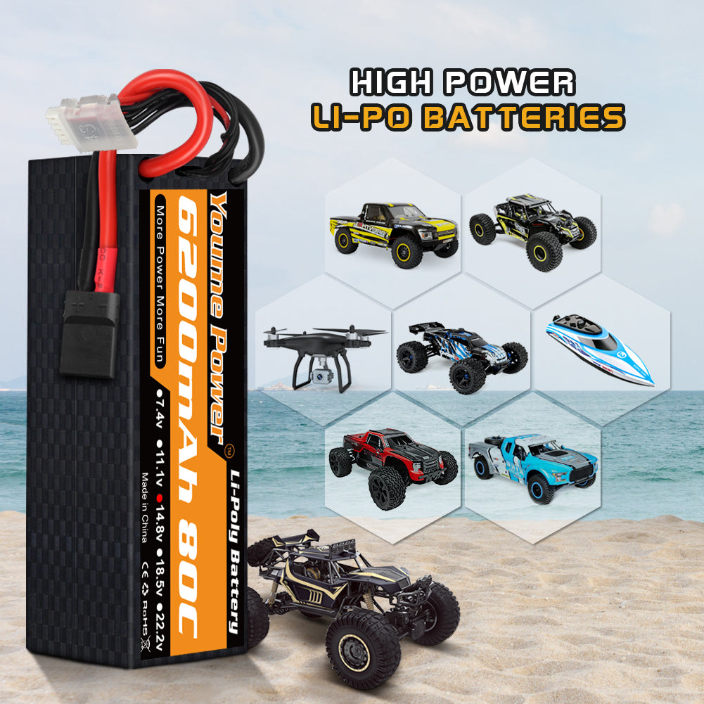 Youme 4S Lipo Battery 14.8V 6200mAh 50C  High Discharge Hardcase RC Battery for 1/7 1/8 RC Crawler Monster Off-Road Car Truck Buggy Truggy Boat(2Packs)