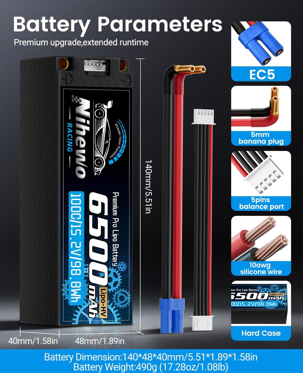 Nihewo 4S Lipo Battery 15.2V High Voltage Lipo Battery 6500mAh 100C Hard Case Compatible with 1/5 1/6 1/7 1/8 RC Car Truck Vehicles Truggy Buggy Boat Airplane(2Packs)