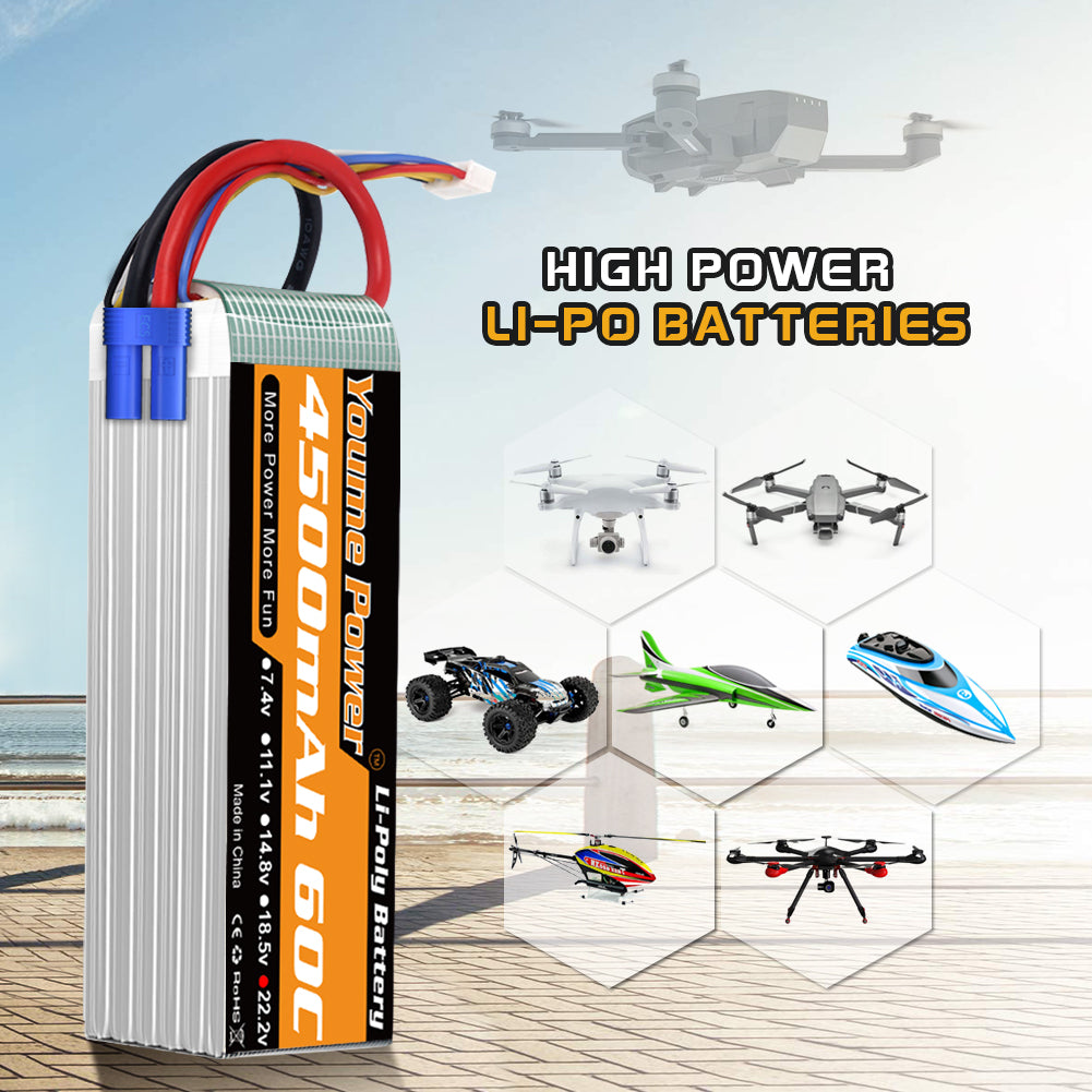 Youme 6S Lipo Battery,22.2V 4500mAh Lipo Battery 60C Soft Case for X Class Drone Racing 70MM 80MM 90MM EDF RC Quadcopter Airplane Helicopter Car Truck Boat Hobby (2 Packs)