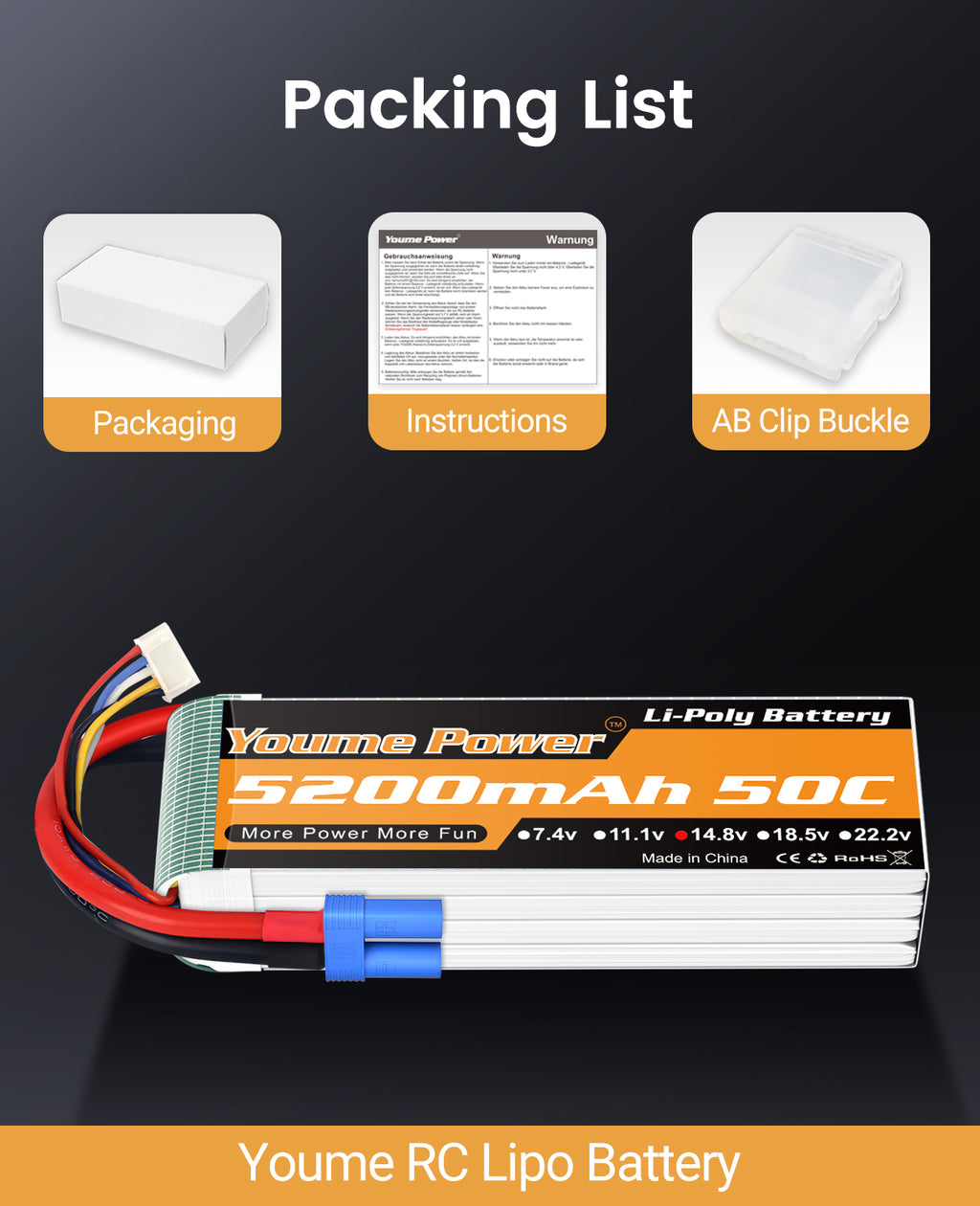 4S Lipo Battery 5200mAh 14.8V Lipo Battery 50C  Fit for 1/7 1/8 RC Car Truck Vehicle Truggy UAV Drone Helicopter Airplane Boat Models(2Packs)