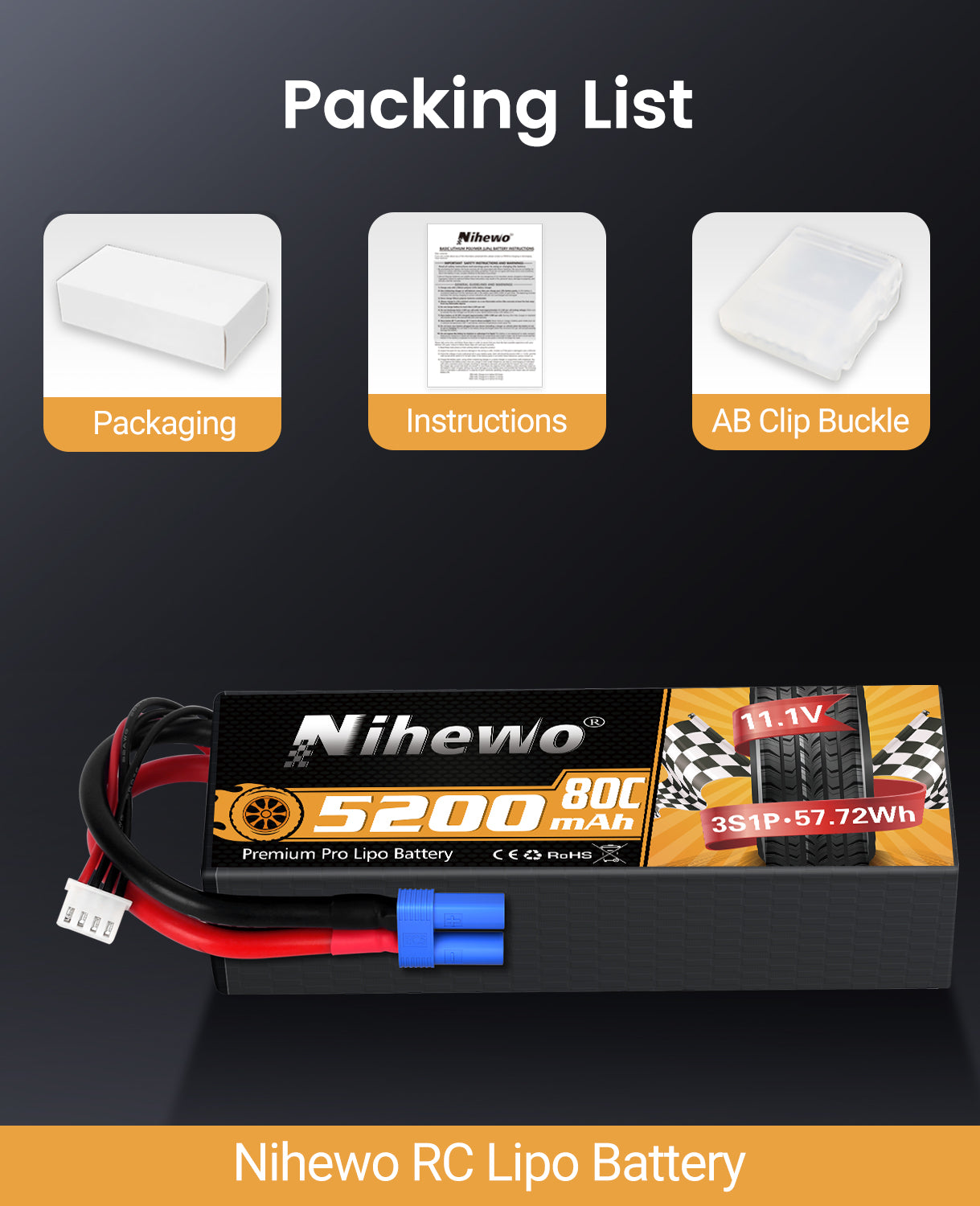 3S Lipo Battery 5200mAh 2 Packs 11.1V RC Battery 80C Hard Case for 1/8 1/10 Scale RC Car Truck Vehicle Tank Boat Helicopter Airplane Hobby Models