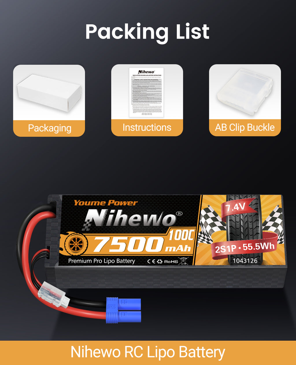 2S Lipo Battery Pack 7.4V RC Battery 7500mAh 100C Hard Case  for 1/8 1/10 RC Car Truck Vehicle Boat Tank Airplane Model(2 Packs)