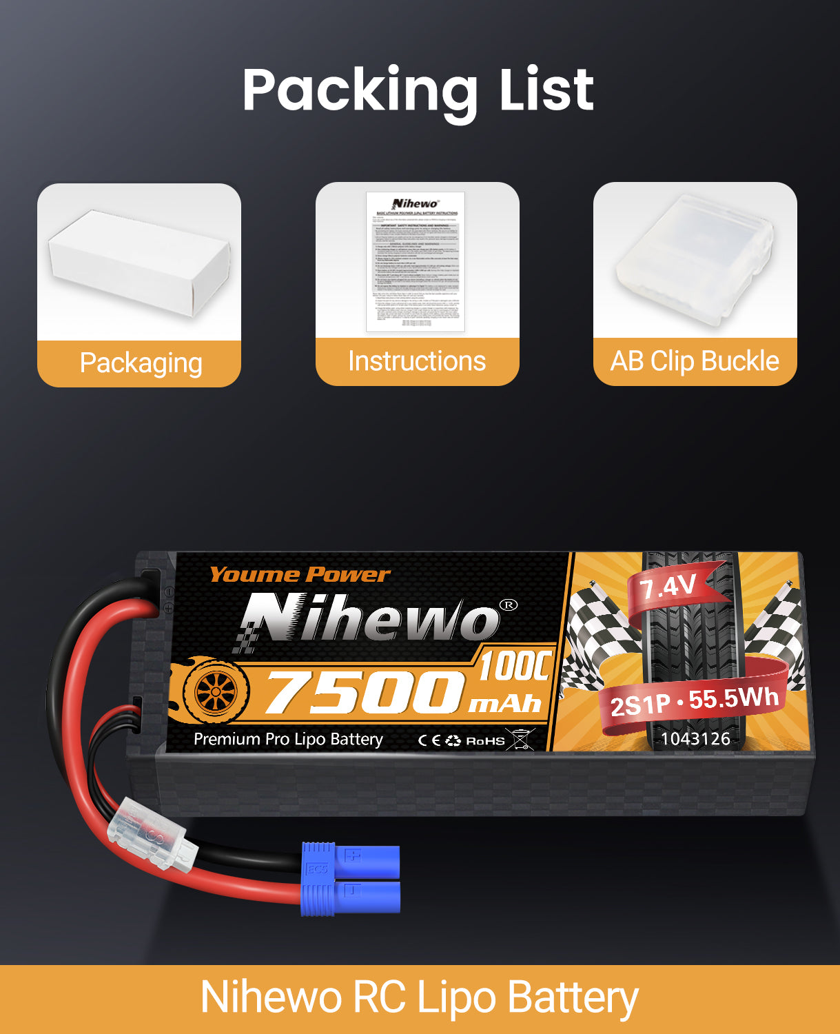 2S Lipo Battery Pack 7.4V RC Battery 7500mAh 100C Hard Case  for 1/8 1/10 RC Car Truck Vehicle Boat Tank Airplane Model(2 Packs)