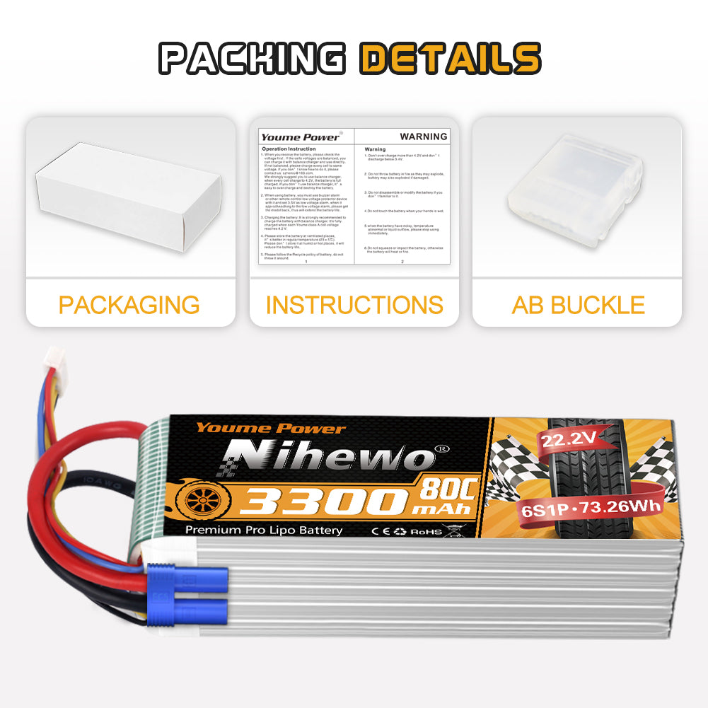 6S Lipo Battery 22.2V 3300mAh RC Battery for RC Airplane Helicopter Quadcopter Drone Car Truck Boat Model (2 Packs)