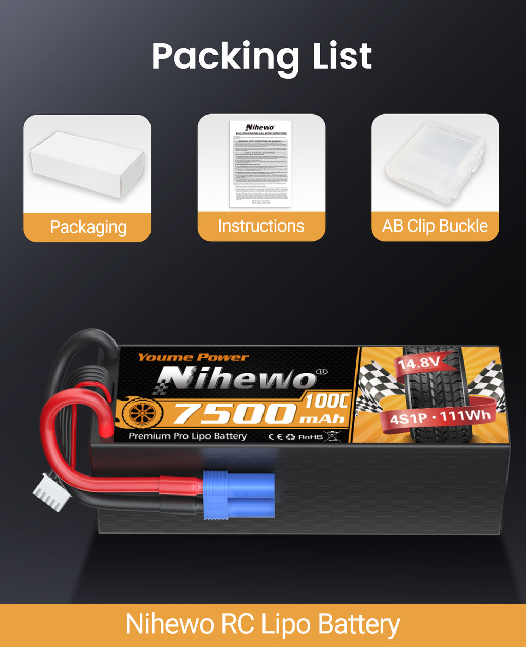 2Packs 4S Lipo Battery, 14.8V 7500mAh Lipo Batteries Hardcase 100C Compatible with Arrma E-flite 1/5 1/6 1/7 1/8 Scale RC Car Truck Truggy Vehicles Tank Boat Airplane Models