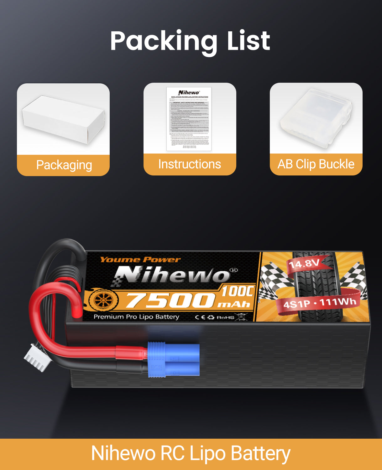 2Packs 4S Lipo Battery, 14.8V 7500mAh Lipo Batteries Hardcase 100C Compatible with Arrma E-flite 1/5 1/6 1/7 1/8 Scale RC Car Truck Truggy Vehicles Tank Boat Airplane Models