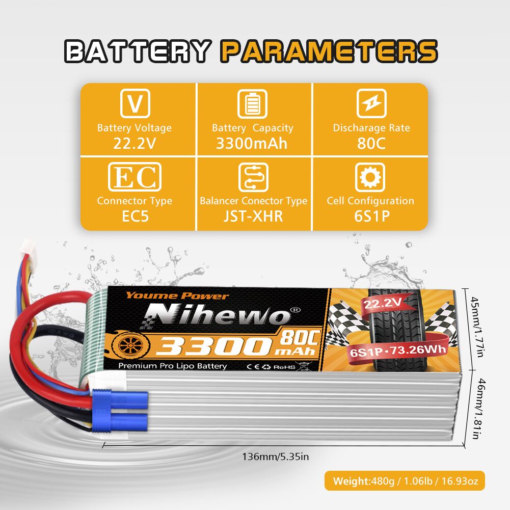 6S Lipo Battery 22.2V 3300mAh RC Battery for RC Airplane Helicopter Quadcopter Drone Car Truck Boat Model (2 Packs)