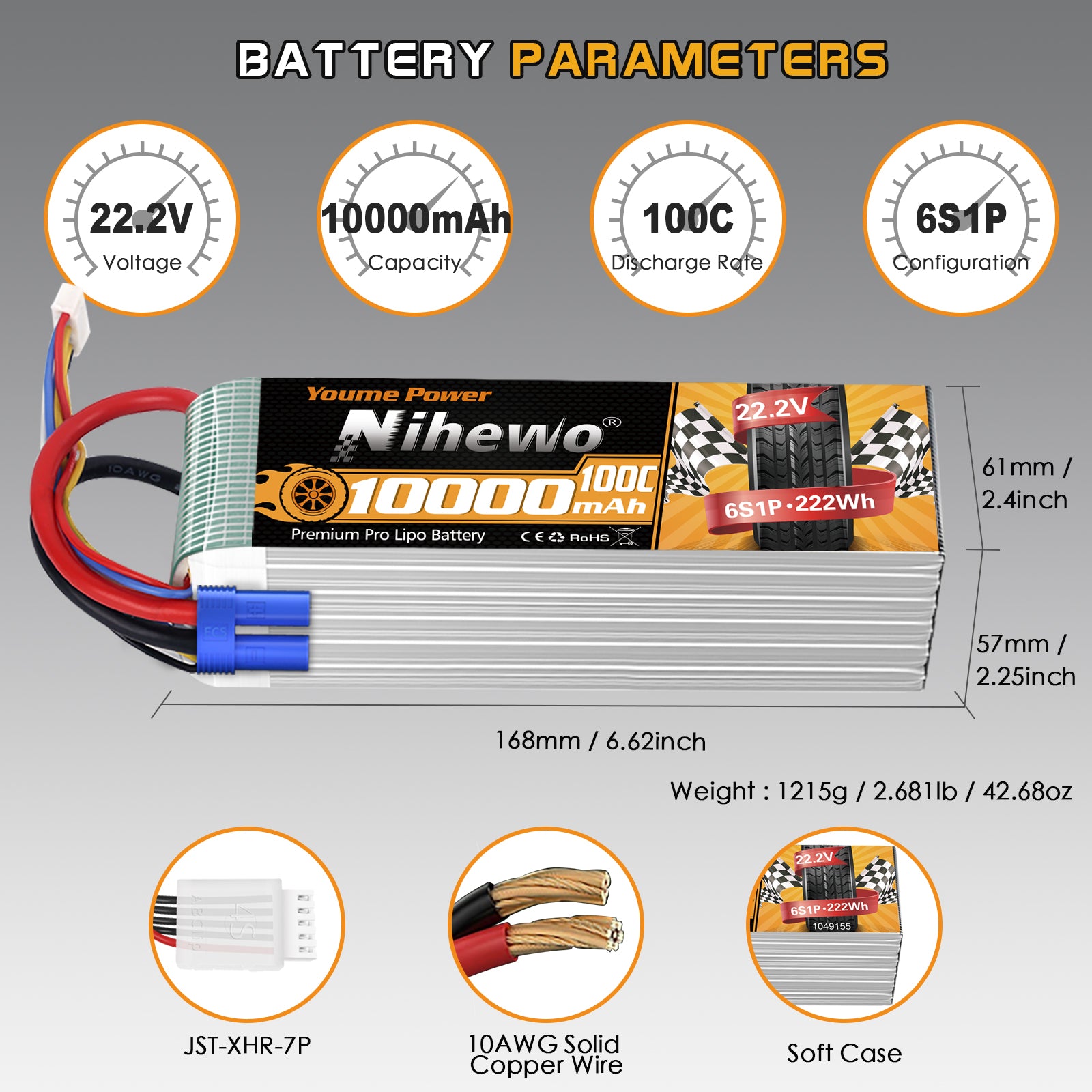 Nihewo 6S Lipo Battery,2Packs 22.2V 10000mAh RC Battery Soft Case 100C Compatible with RC Car Truck Tank Plane Drone Boat Models
