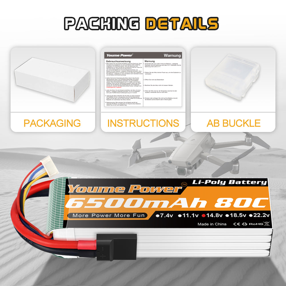 Youme 4S Lipo Battery 14.8V 6500mAh 80C Soft Case Fit for Maxx X-Maxx RC Buggy Truggy Crawler Monster Truck Car, Helicopter, Airplane (2Packs)