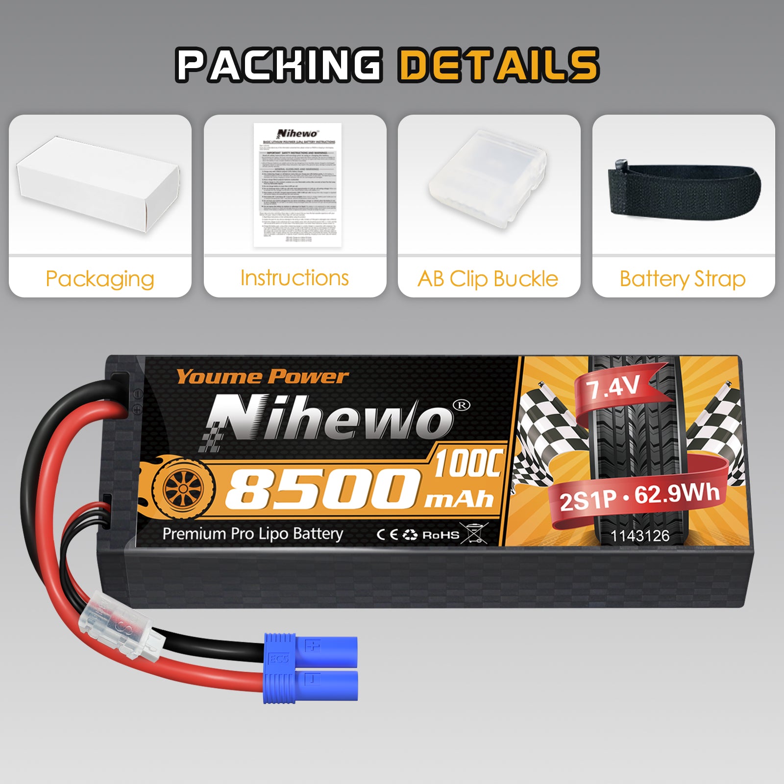 Nihewo 2S Lipo Battery 8500mAh 7.4V RC Battery 100C Hard Case Compatible with Arrma Axial 1/8 1/10 Scale RC Vehicle Car Truck Buggy Drone Boat Models (2Packs)