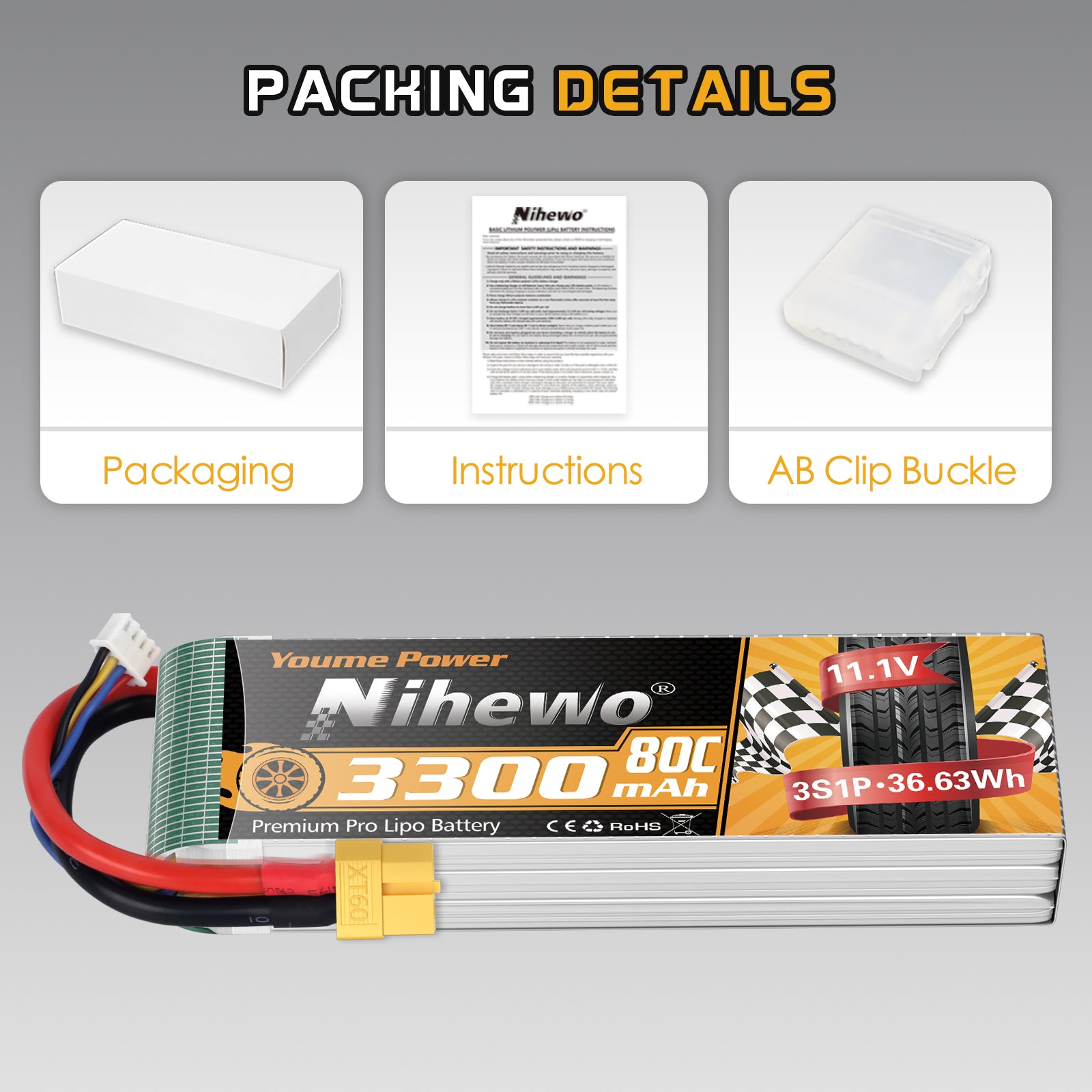 2Packs 11.1V Lipo Battery, 3S Lipo Battery 3300mAh XT60 Connector Soft Case Compatible with Axial E-flite RC Airplane Helicopter Quadcopter Car Truck Vehicle Boat Models