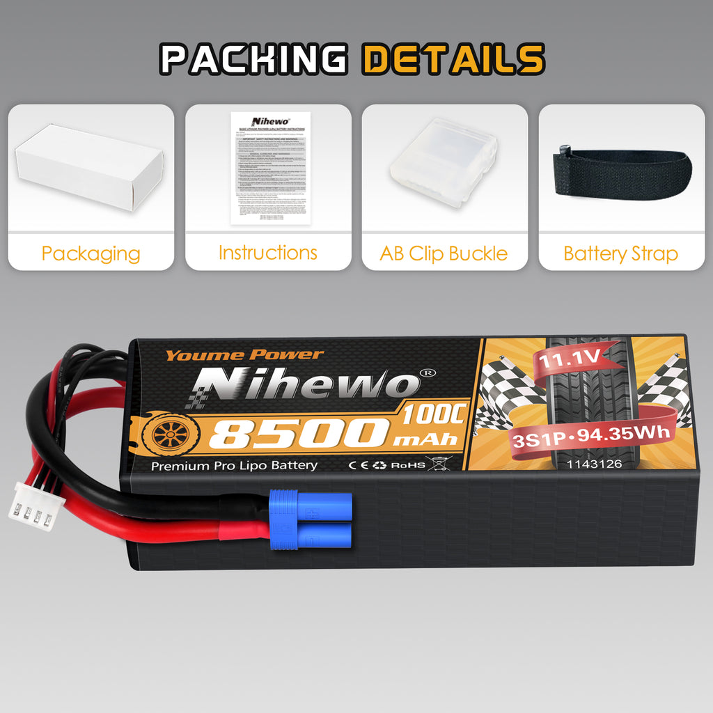 Nihewo 3S Lipo Battery 8500mAh 11.1V Lipo Battery 100C Hard Case Compatible with Arrma Axial 1/8 1/10 Scale RC Vehicle Car Truck Buggy Drone Boat RC Models (2Packs)