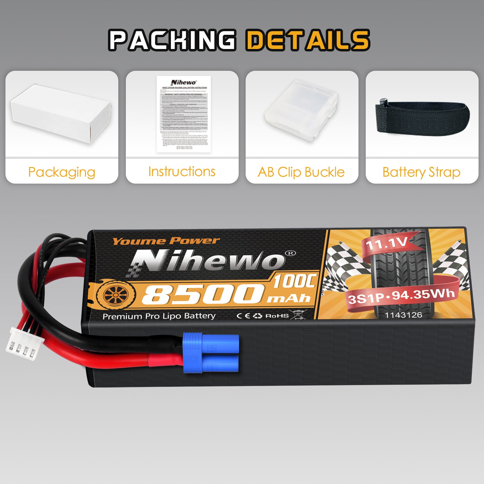 Nihewo 3S Lipo Battery 8500mAh 11.1V Lipo Battery 100C Hard Case Compatible with Arrma Axial 1/8 1/10 Scale RC Vehicle Car Truck Buggy Drone Boat RC Models (2Packs)
