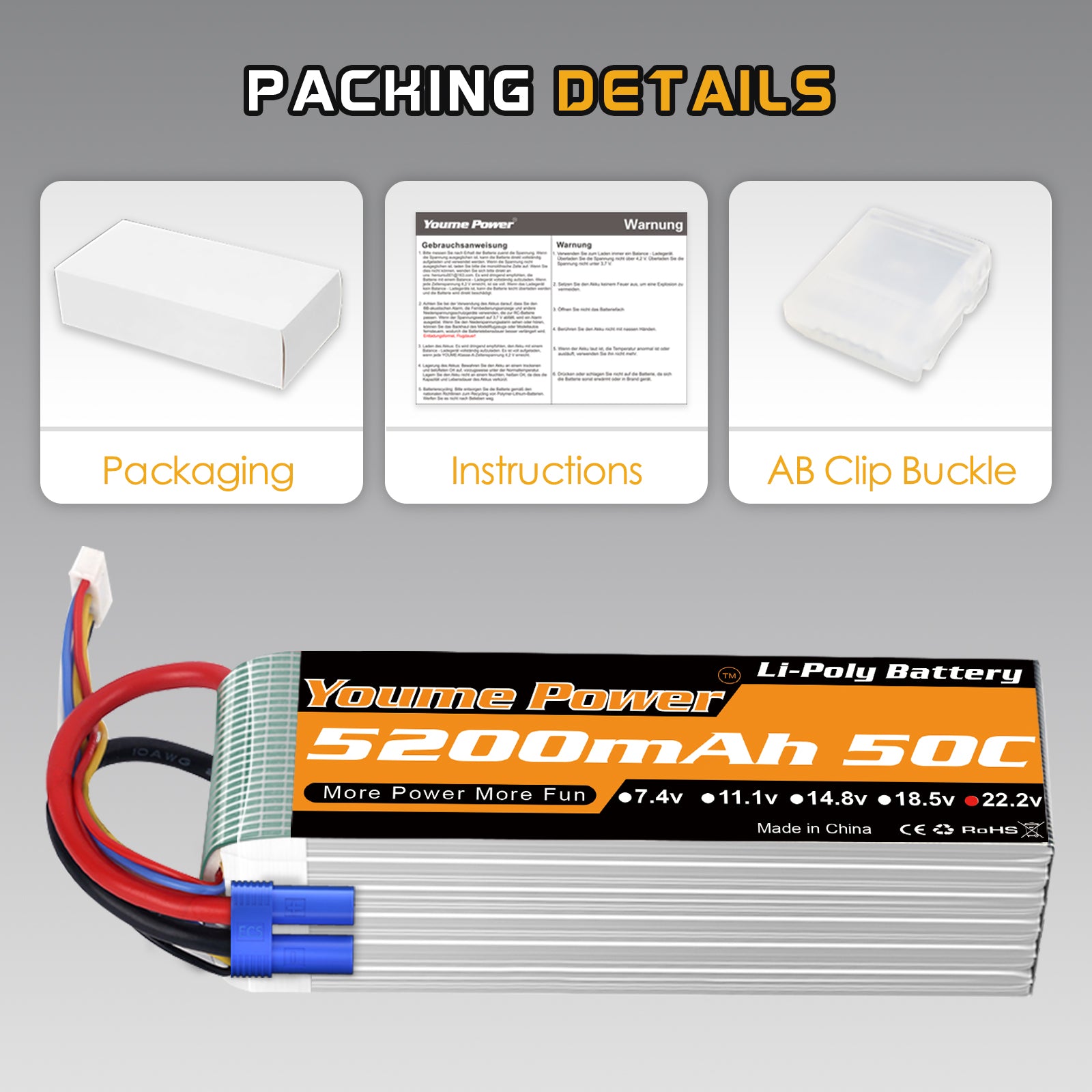 Youme 2 Packs 6S Lipo Battery 5200mAh 50C 22.2V Hard Case RC Battery  for Align T-REX550 600 RC Airplane Helicopter Quadcopter 1/7 1/8 Car Truck Boat