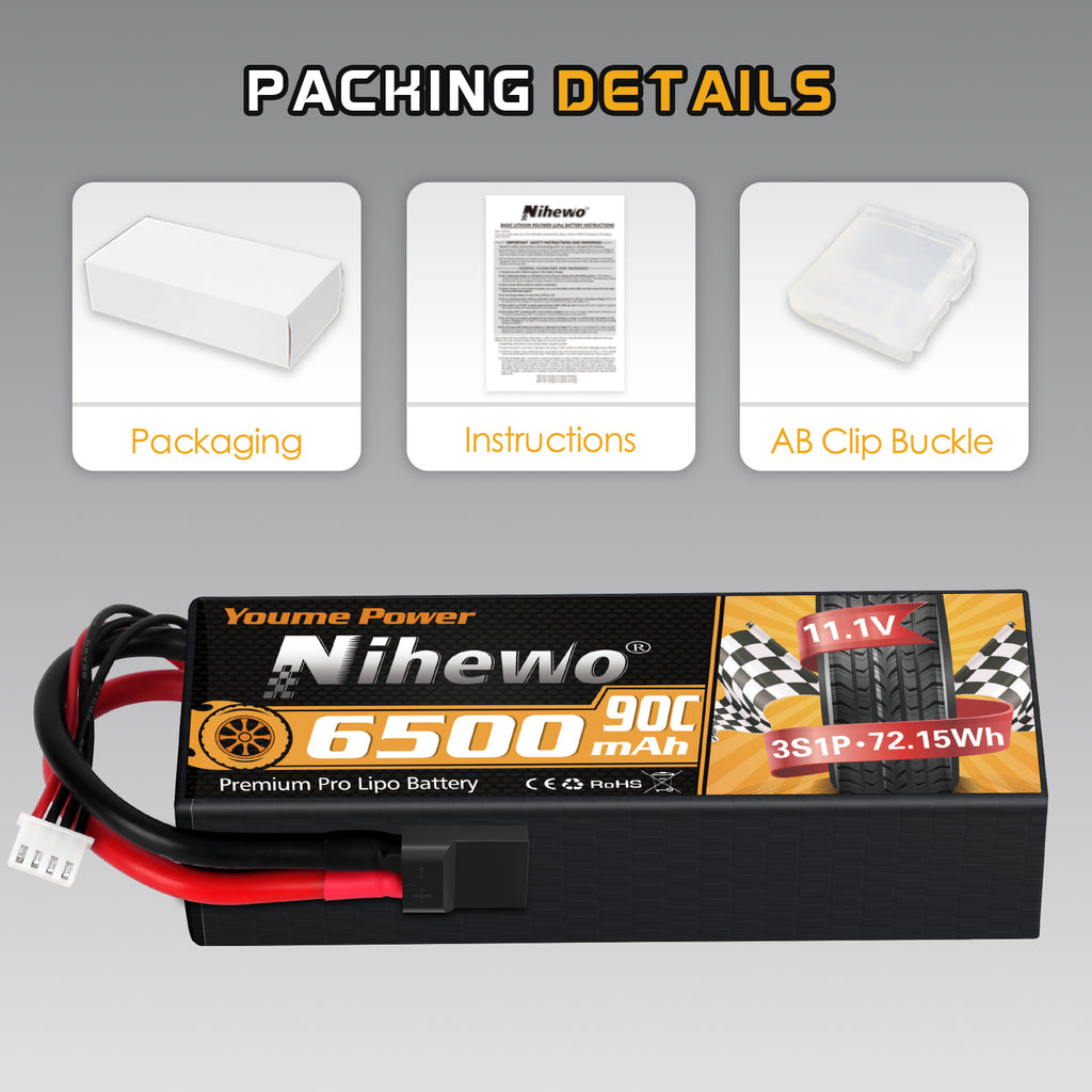 Nihewo 3S Lipo Battery 2Packs 11.1V 6500mAh RC Lipo Battery 90C Hard Case  Compatible with Arrma HPI 1/8 1/10 RC Truck Vehicles Car Truggy Buggy Tank Hobby