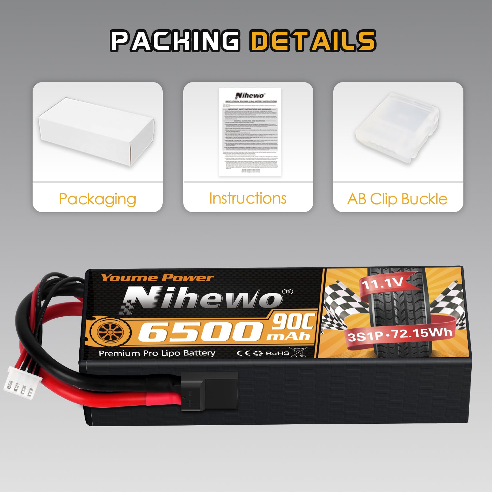 Nihewo 3S Lipo Battery 2Packs 11.1V 6500mAh RC Lipo Battery 90C Hard Case  Compatible with Arrma HPI 1/8 1/10 RC Truck Vehicles Car Truggy Buggy Tank Hobby