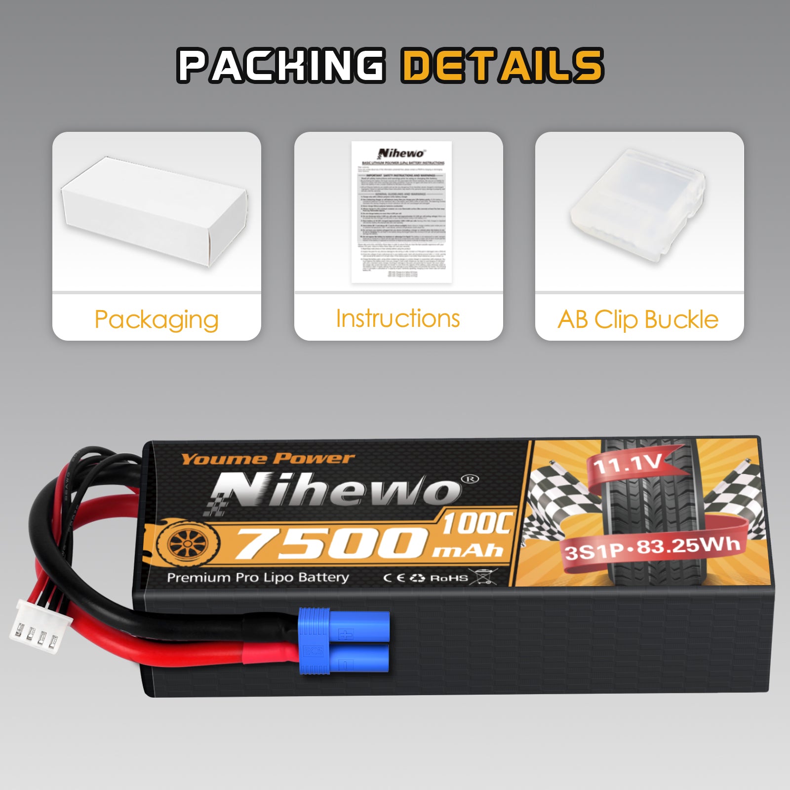 Nihewo 3S Lipo Battery, 2Packs RC Battery 11.1V 7500mAh 100C 3S Lipo Hard Case Compatible with Arrma Axial Losi 1/8 1/10 RC Car Truck Truggy Vehicles Tank Boat Airplane Models