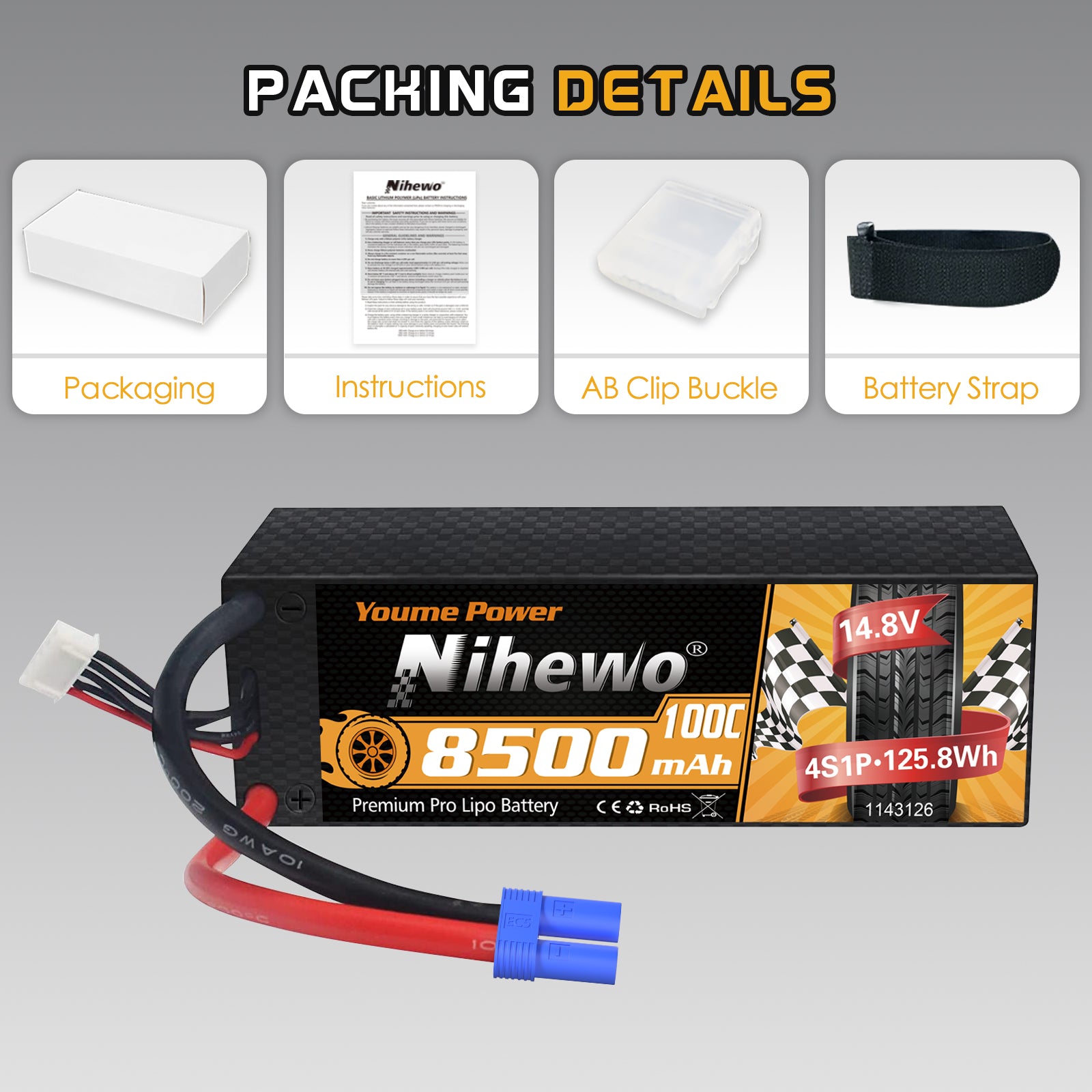 Nihewo 8500mAh 4S Lipo Battery 14.8V 100C Hard Case RC Battery for 1/5 1/6 1/7 Scale RC Vehicle Car Truck Buggy Drone Boat RC Models (2Packs)