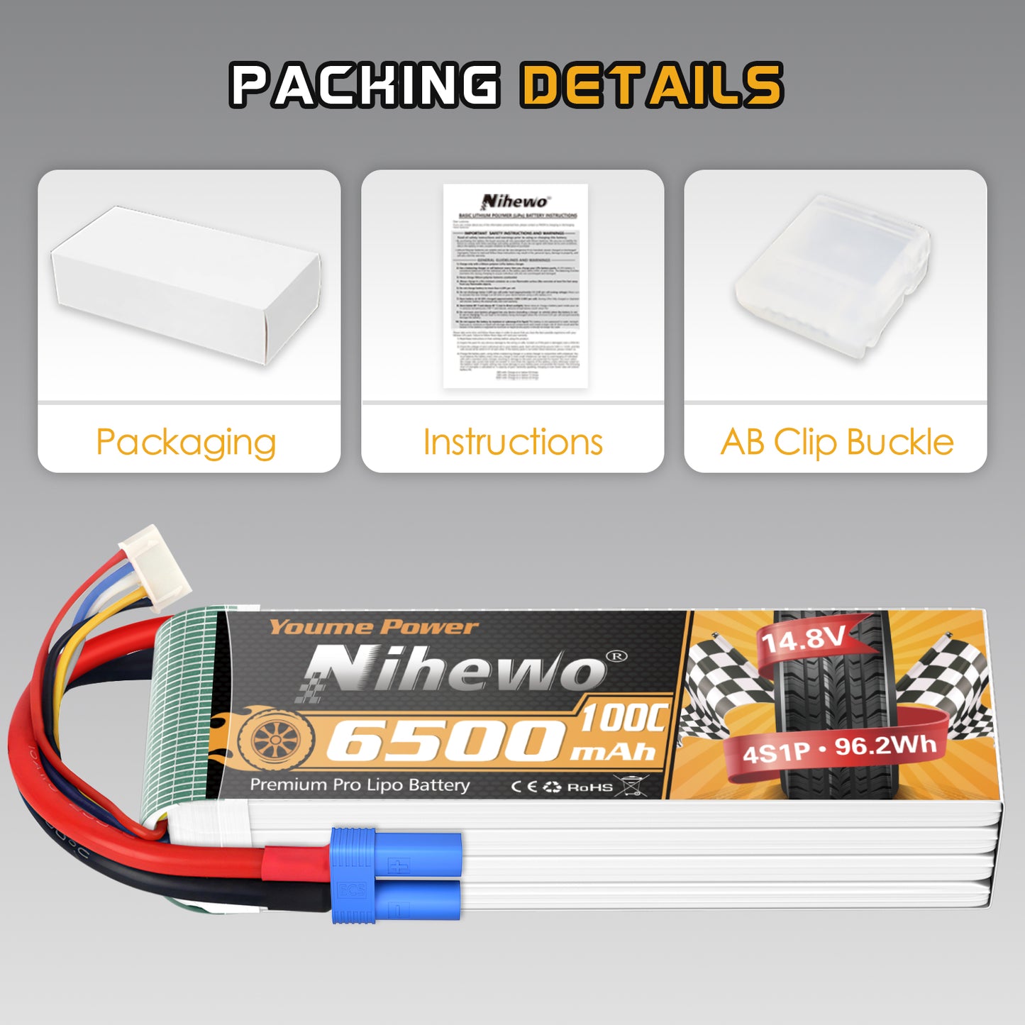 Nihewo 4S Lipo Battery 14.8V RC Battery 6500mAh 100C EC5 Connector Compatible with Arrma Axial Losi 1/5 1/6 1/7 Scale RC Car Truck Boat Airplane Helicopter Quadcopter Models (2Packs)