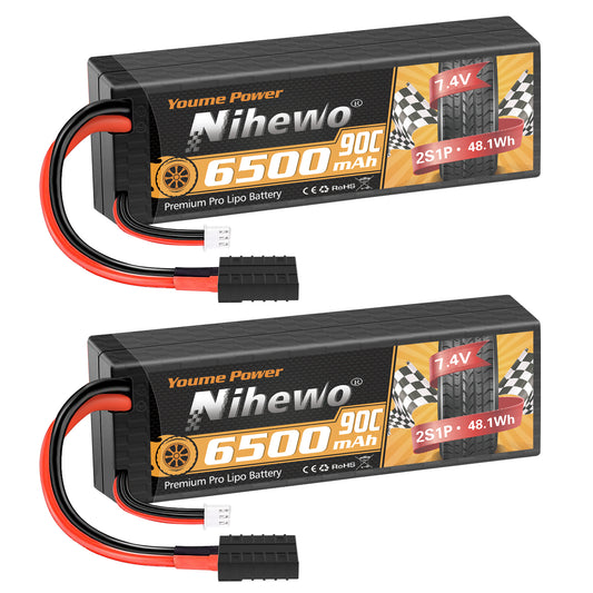 Nihewo 2Packs 2S Lipo Battery 7.4V 6500mAh RC Lipo Battery Pack 90C Hard Case wIth Trx Plug Compatible with Arrma Axial 1/8 and 1/10 RC Truck Vehicles Car Truggy Buggy Racing Models