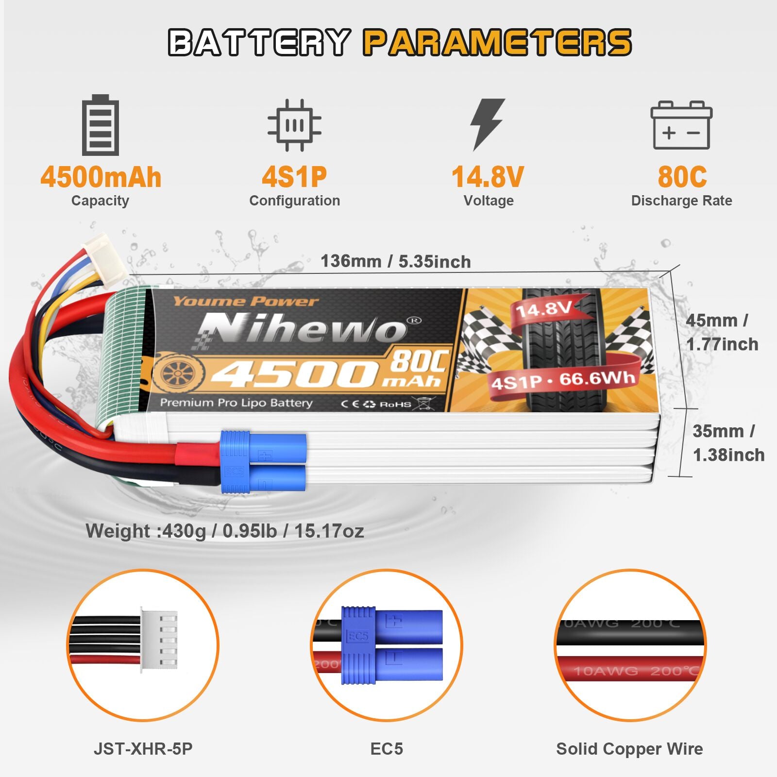 4S Lipo Battery 14.8V RC Battery 4500mAh Soft Case Compatible with 1/10 1/8 Scale RC Car Truck Vehicle Airplane Helicopter Boat Tank Models(2 Packs)